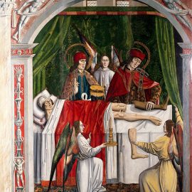 "A verger's dream: Saints Cosmas and Damian performing a miraculous cure by transplantation of a leg". Oil painting attributed to the Master of Los Balbases, ca. 1495