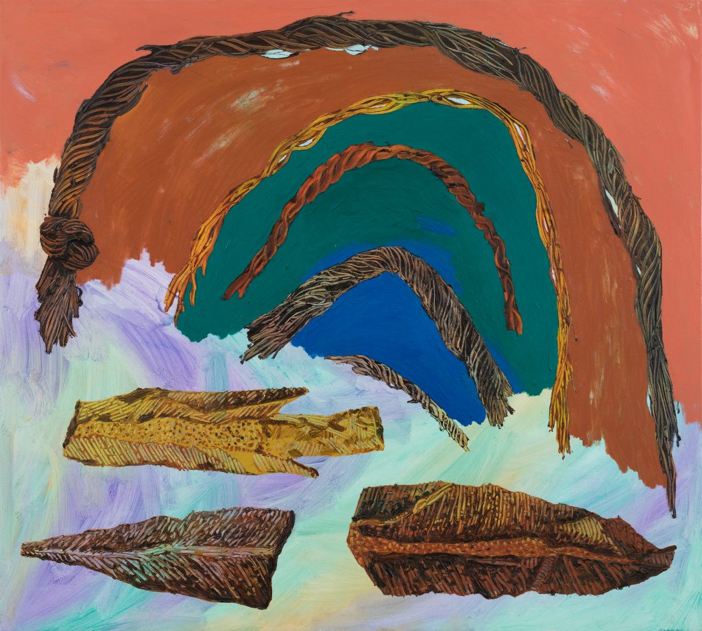 טל ירושלמי, "חמישה חבלים ושלוש אבנים (קשת)", אקריליק ושמן על בד, 130-150 ס"מ, 2017 (צילום: אלעד שריג)