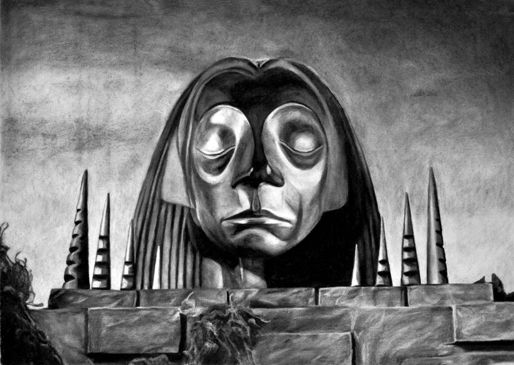 קרן רוסו, "מקדש המורלוקים עם פסל ראש של ברלך", פחם על נייר, 121X86, 2015 (באדיבות האמנית וגלריה דביר)
