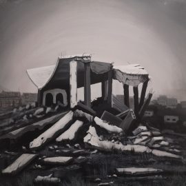פהד חלבי, אלח'שנייה Alkheshniya (אחד הכפרים שנהרסו על ידי הכיבוש הישראלי ברמת הגולן במלחמת 1967), אקריליק על בד,80X80 ס"מ, 2010
